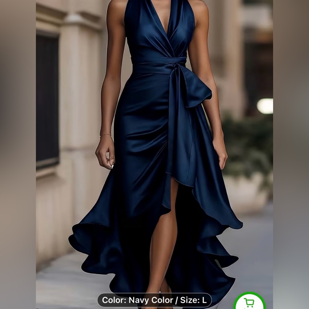 Navy satin large gown, wrap and bow tie in front, wedding guest dress . NWT